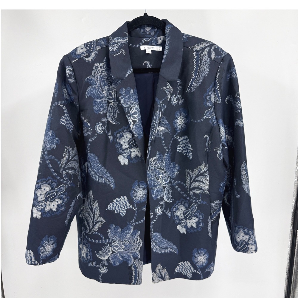 Chicos Navy Blue Floral Jacquard‎ Open Front Blazer Jacket Size 3.5 US 18 Lined